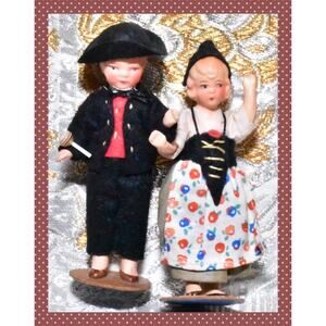 4” Hertwig German Miniature Doll Painted Bisque Antique Europe Swiss Alsace Set